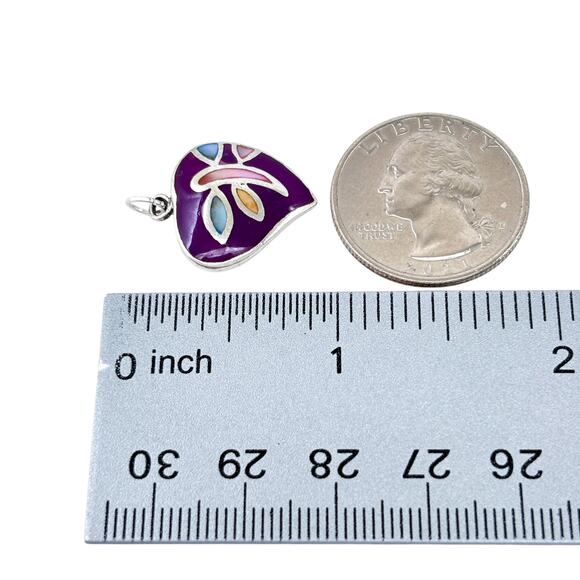 Vintage Sterling Silver 925 Dyed Mother Of Pearl Purple Enamel Heart Pendant - Picture 7 of 8